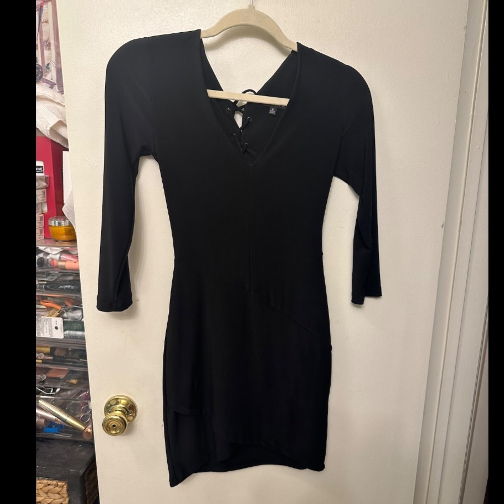Black V-neck dress with lace up tie back. Size small. 3/4 length sleeve.